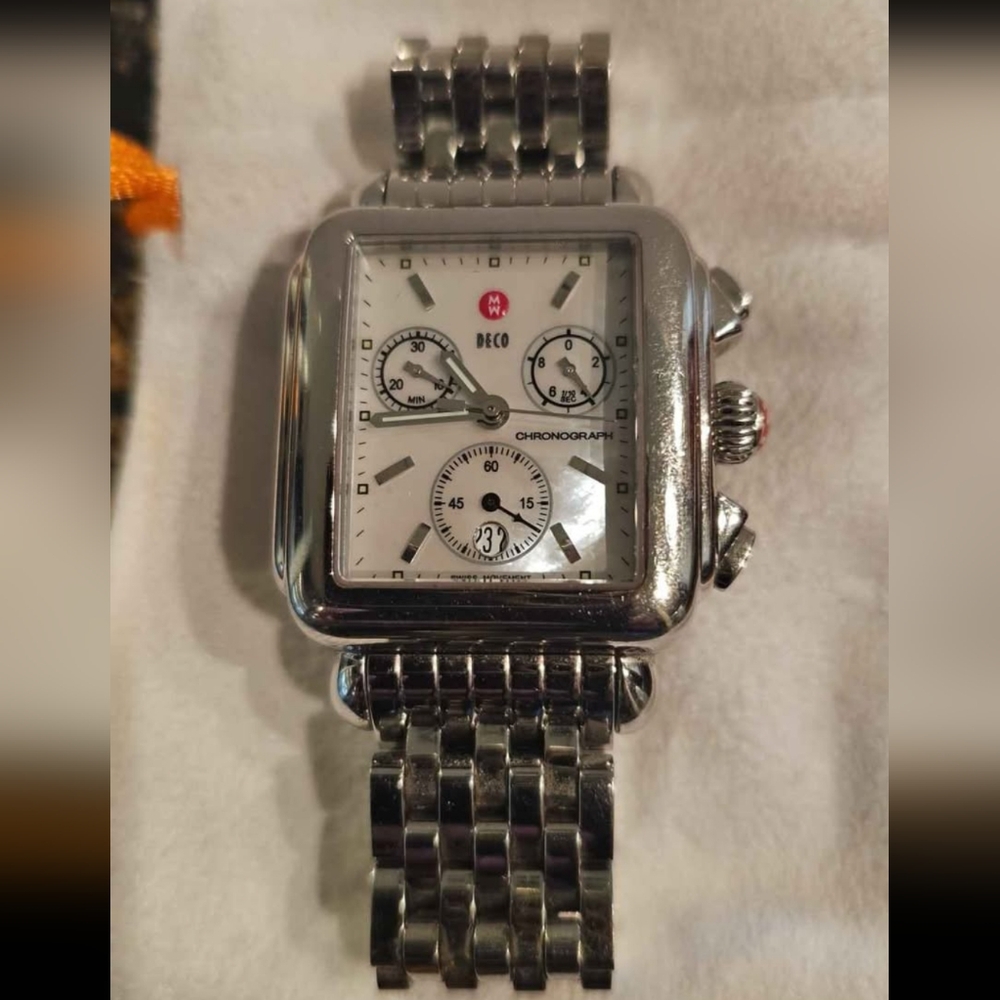 Michele Deco Stainless Steel Silver White Chronograph Watch